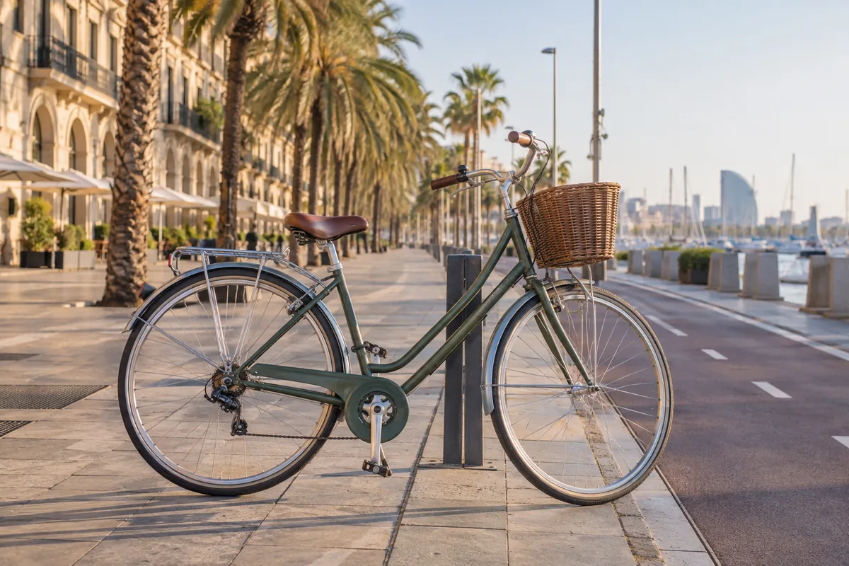 City bicycle beside a Barcelona waterfront cycle lane
