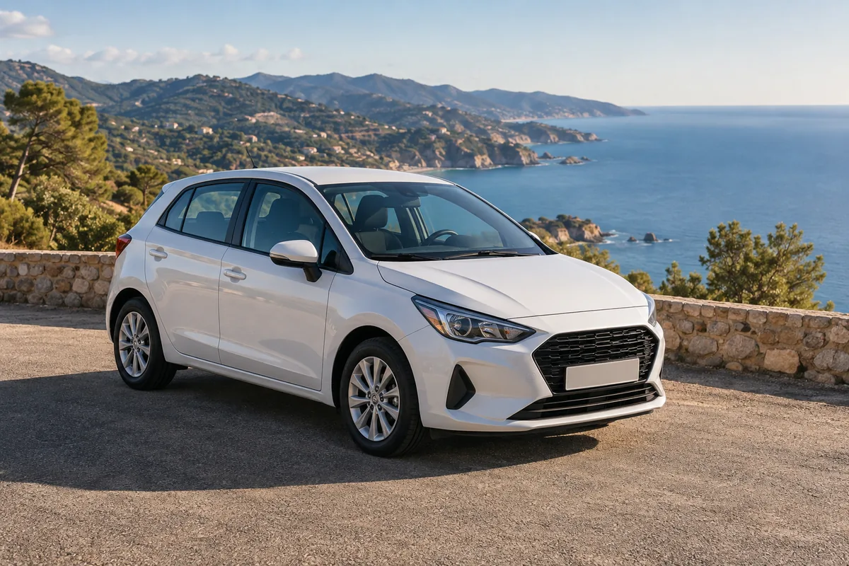 Compact rental car at a Mediterranean coastal viewpoint