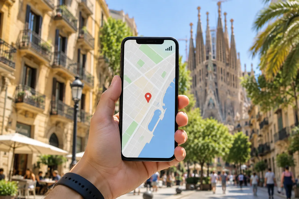 Reisender mit mobiler Karte in Barcelona, beispielhafte Szene für Reisedaten